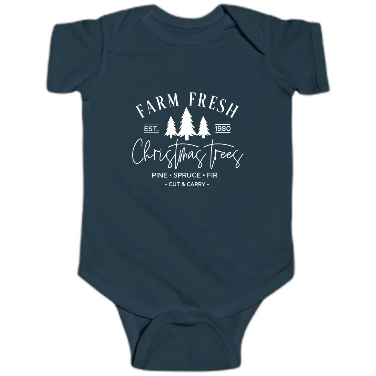 Farm Fresh Christmas Trees Est 1980 Baby Onesie in Navy