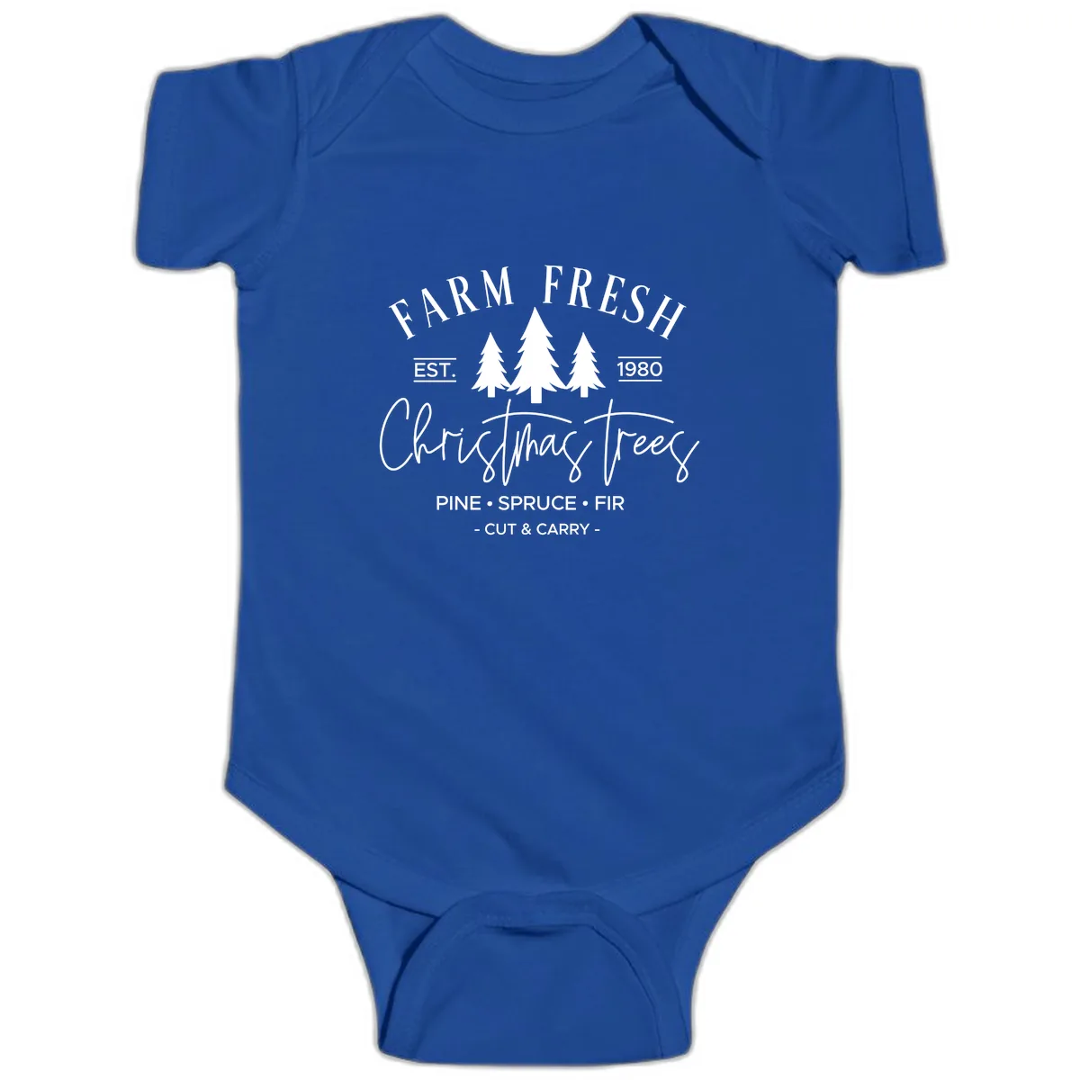 Farm Fresh Christmas Trees Est 1980 Baby Onesie in Royal
