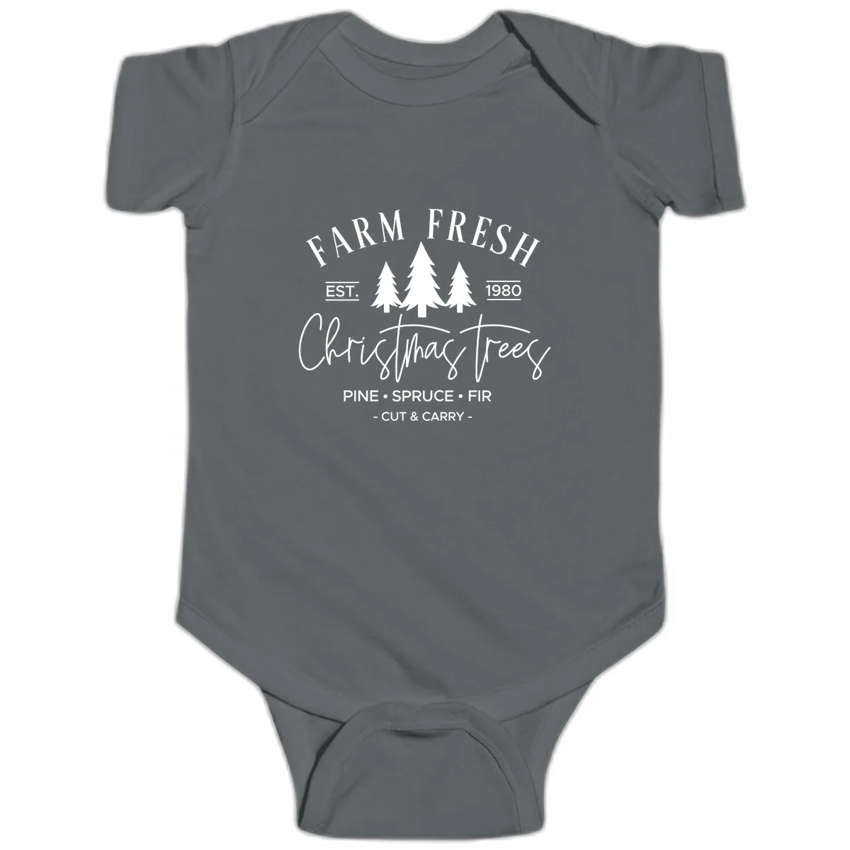 Farm Fresh Christmas Trees Est 1980 Baby Onesie in Charcoal