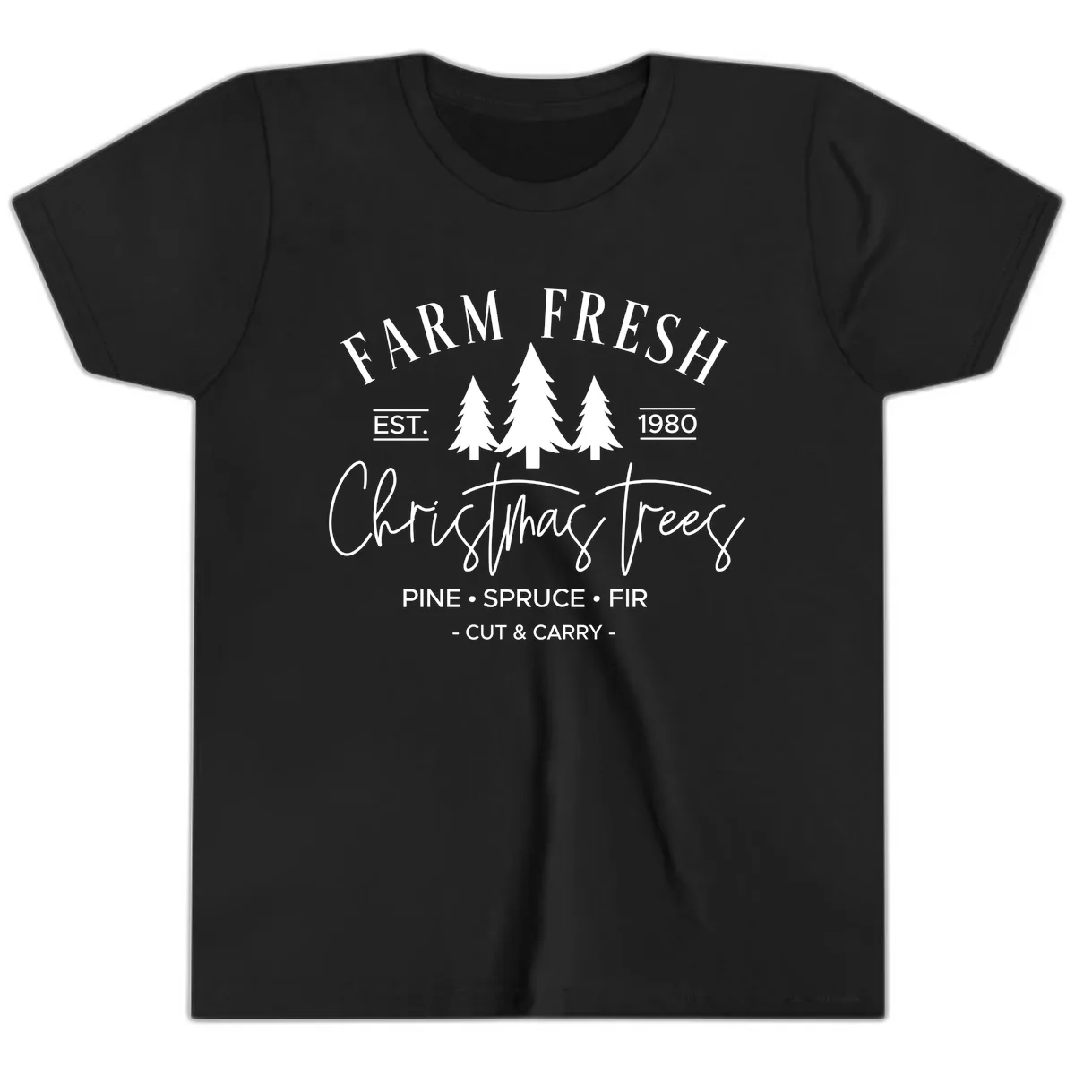 Farm Fresh Christmas Trees Est 1980 Youth T-Shirt in Black