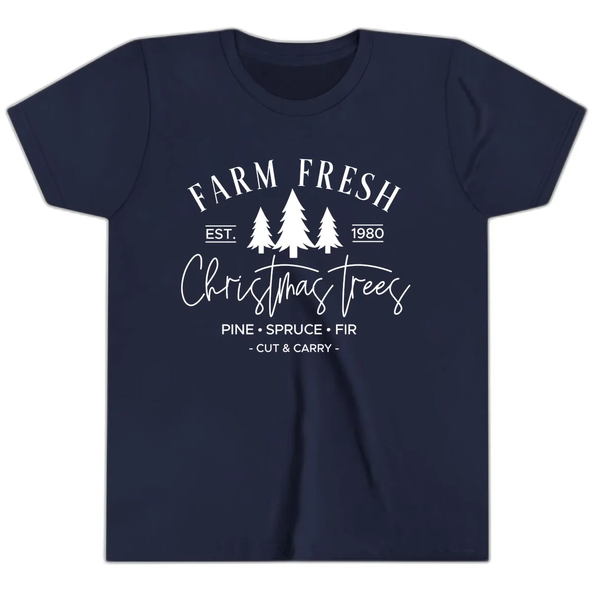Farm Fresh Christmas Trees Est 1980 Youth T-Shirt in Navy