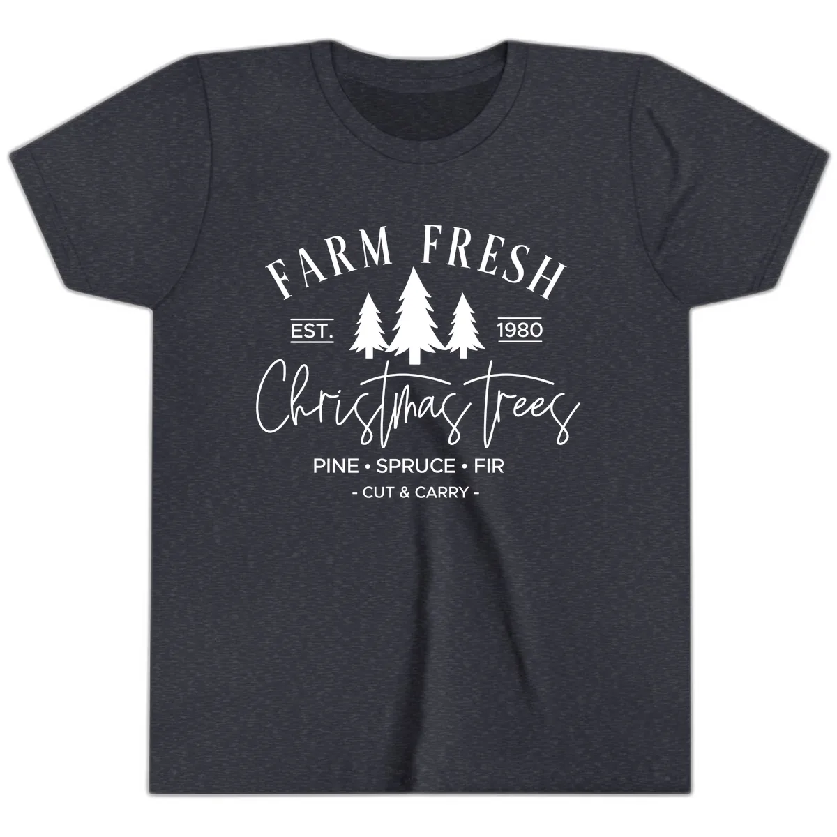 Farm Fresh Christmas Trees Est 1980 Youth T-Shirt in Heather Navy