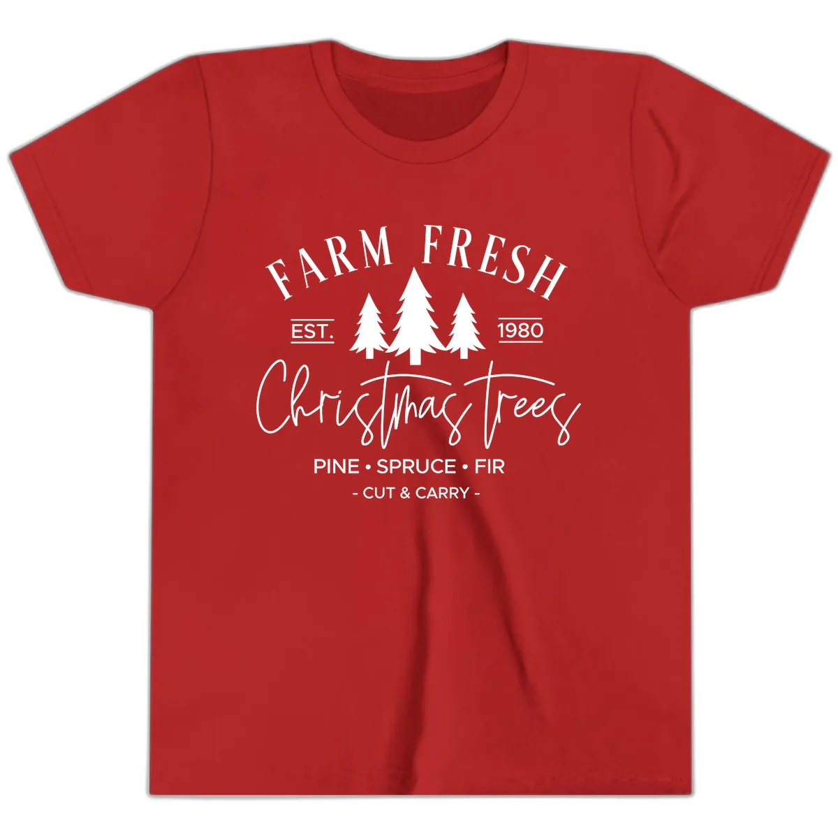 Farm Fresh Christmas Trees Est 1980 Youth T-Shirt in Red