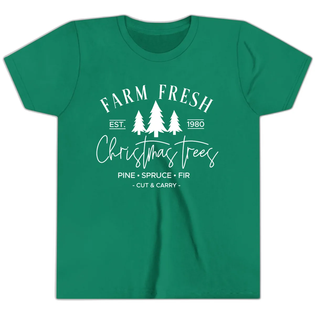 Farm Fresh Christmas Trees Est 1980 Youth T-Shirt in Kelly