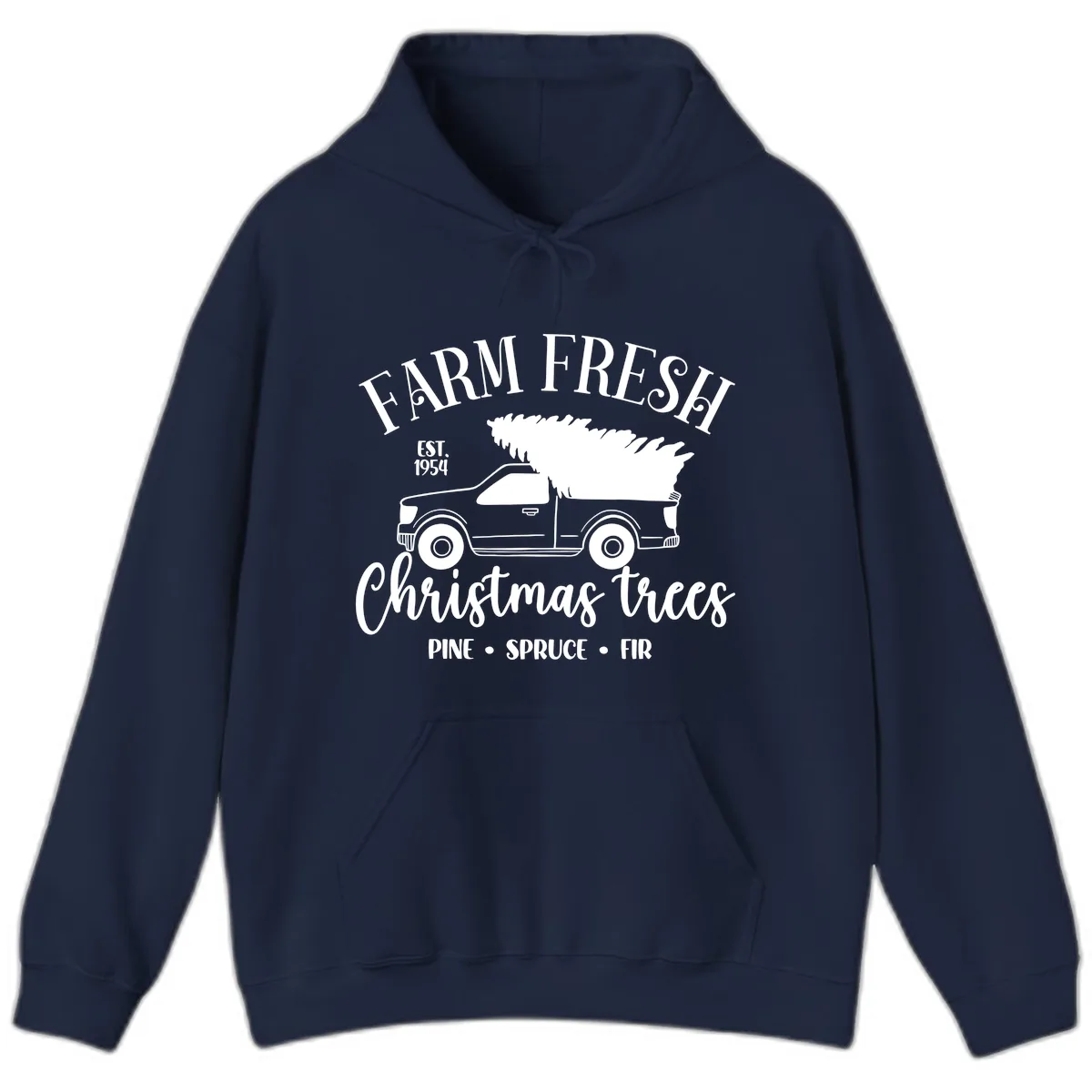 Farm Fresh Christmas Trees Pickup Hoodie in Navy