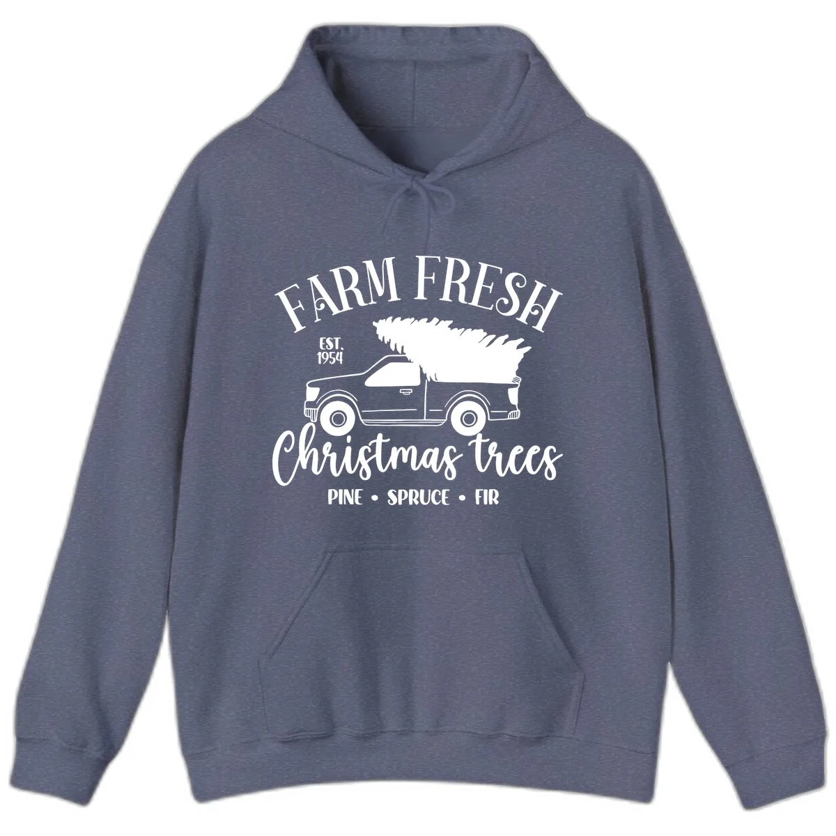 Farm Fresh Christmas Trees Pickup Hoodie in Heather Navy