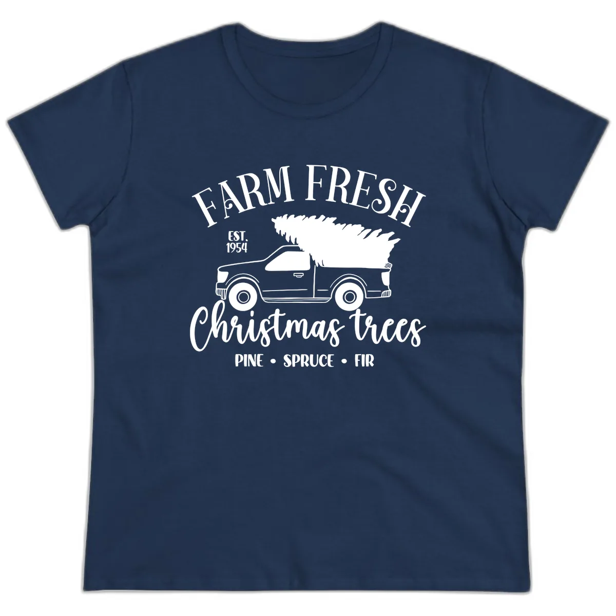 Farm Fresh Christmas Trees Pickup Ladies Tee in Navy