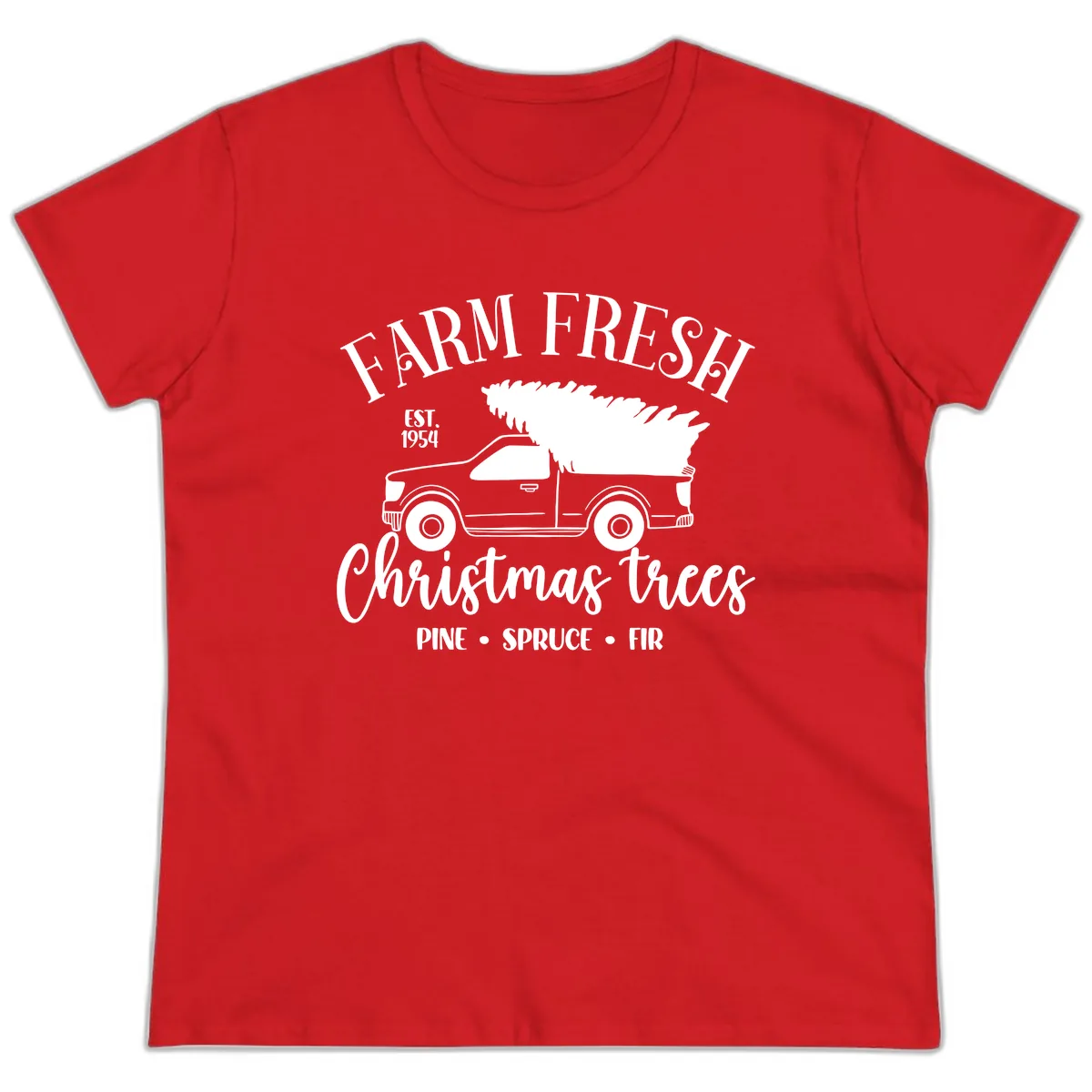 Farm Fresh Christmas Trees Pickup Ladies Tee in Red