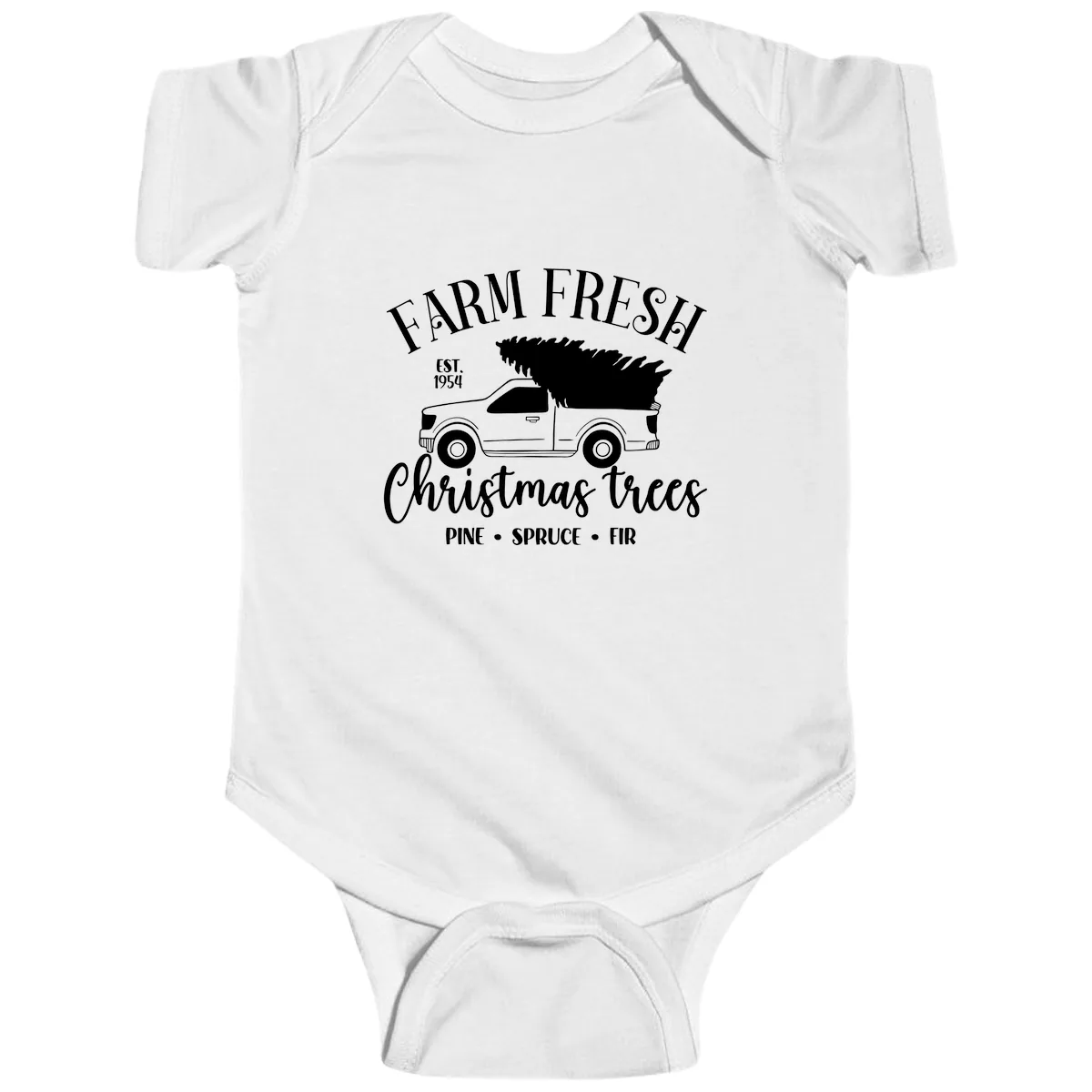 Farm Fresh Christmas Trees Pickup Baby Onesie in White