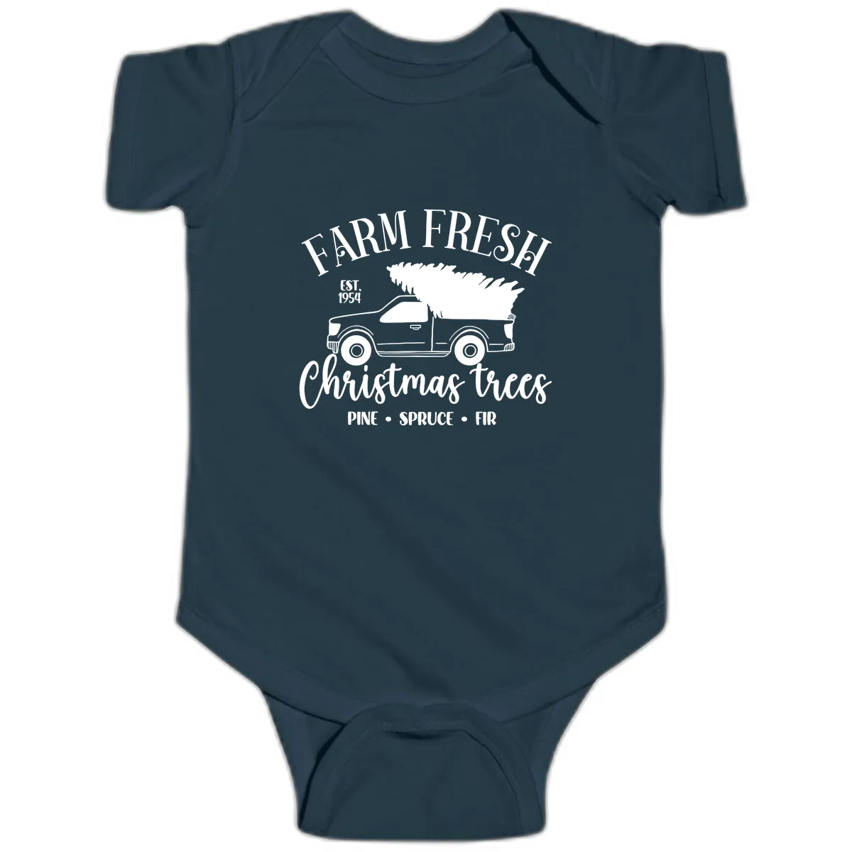 Farm Fresh Christmas Trees Pickup Baby Onesie in Navy