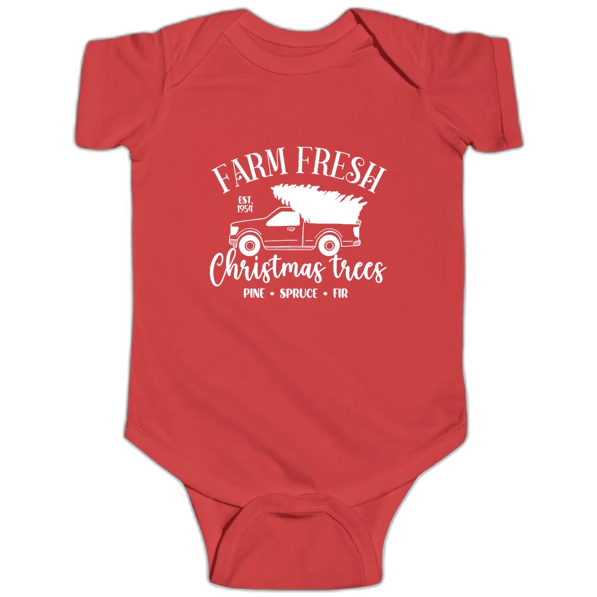 Farm Fresh Christmas Trees Pickup Baby Onesie in Red
