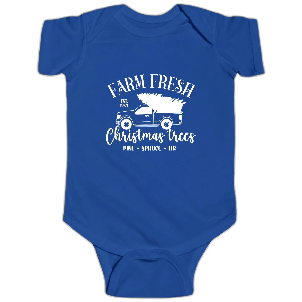 Farm Fresh Christmas Trees Pickup Baby Onesie in Royal