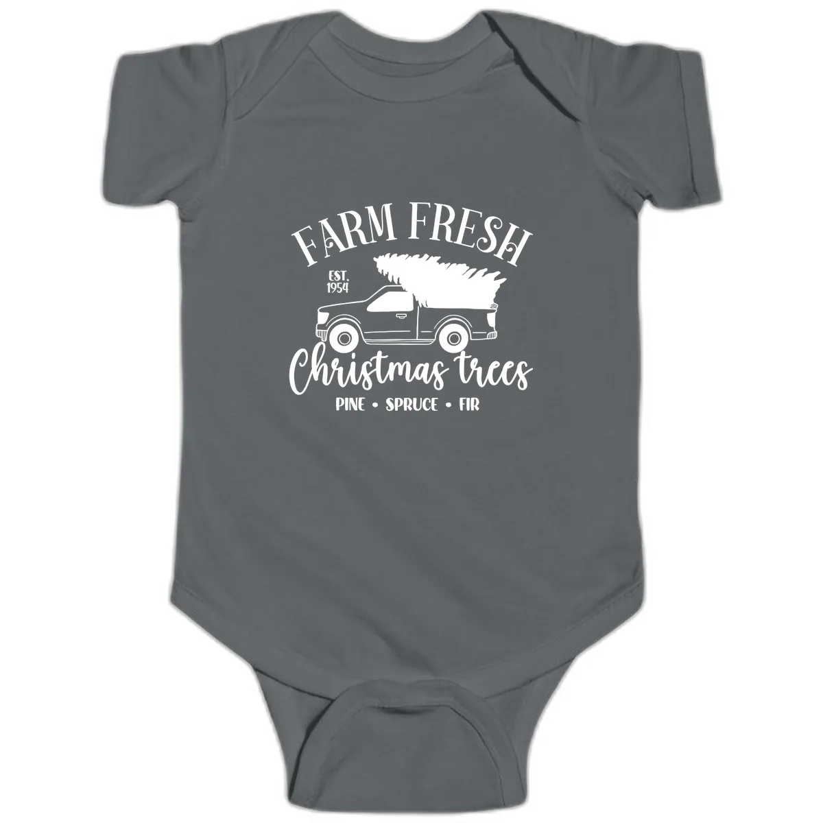 Farm Fresh Christmas Trees Pickup Baby Onesie in Charcoal