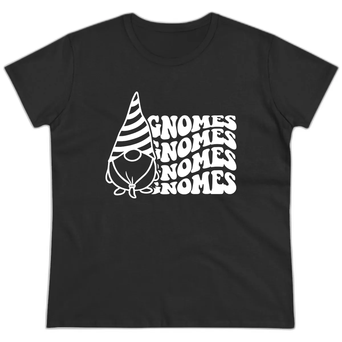 Gnome Sweet Gnome Repeat Design Ladies Tee in Black