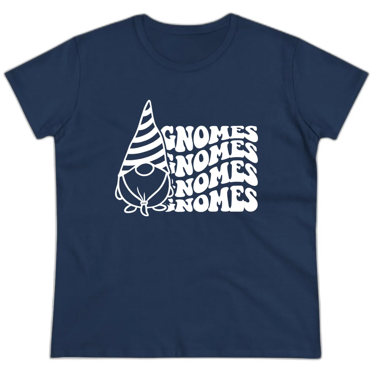 Gnome Sweet Gnome Repeat Design Ladies Tee in Navy