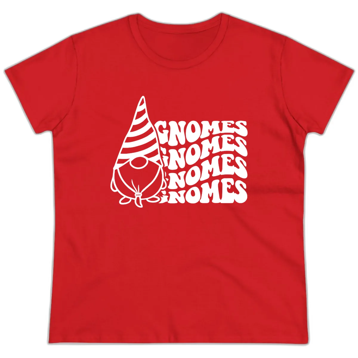 Gnome Sweet Gnome Repeat Design Ladies Tee in Red