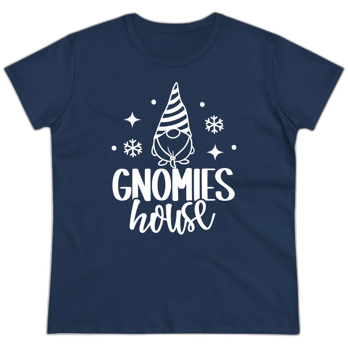 Gnomes House Holiday Design Ladies Tee in Navy