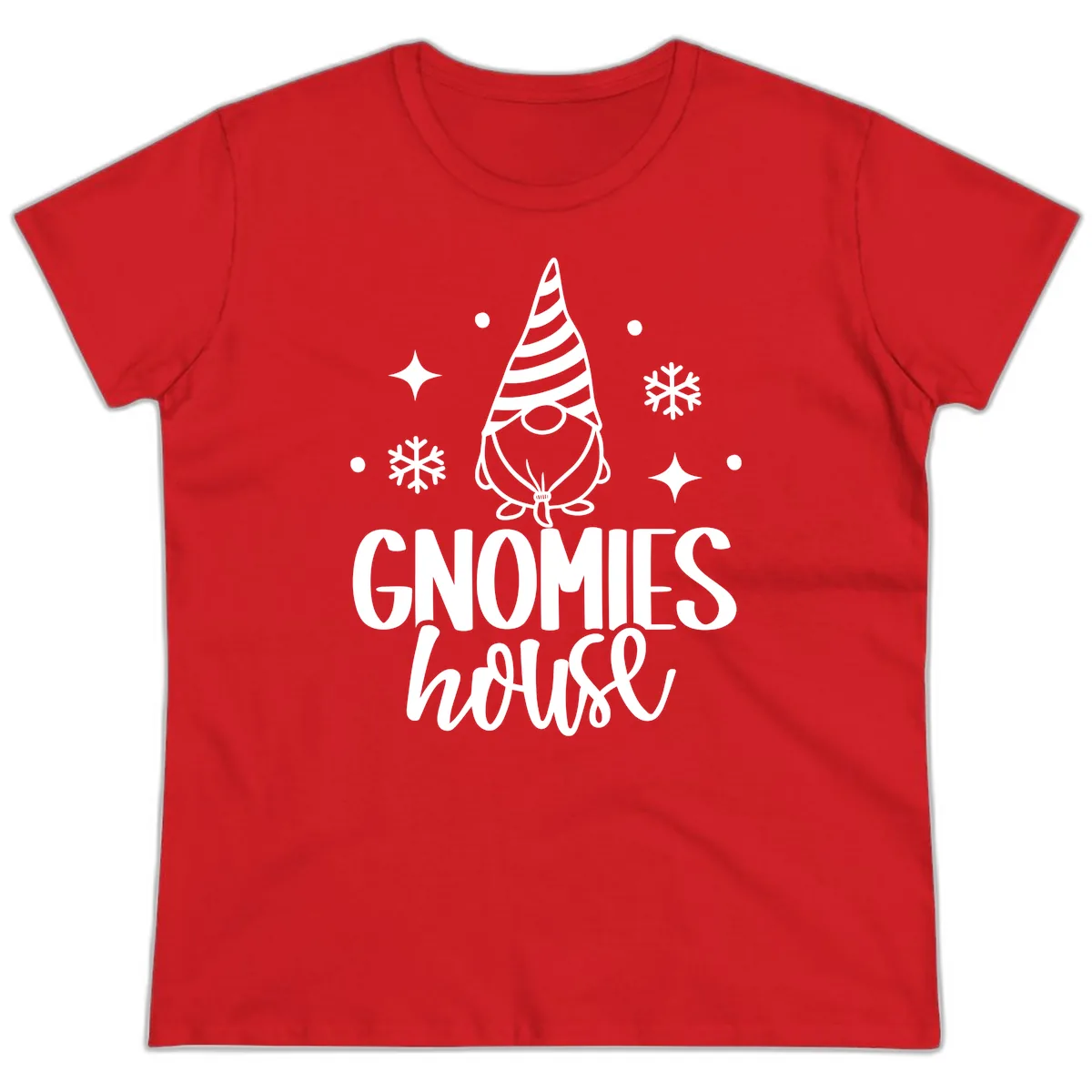 Gnomes House Holiday Design Ladies Tee in Red