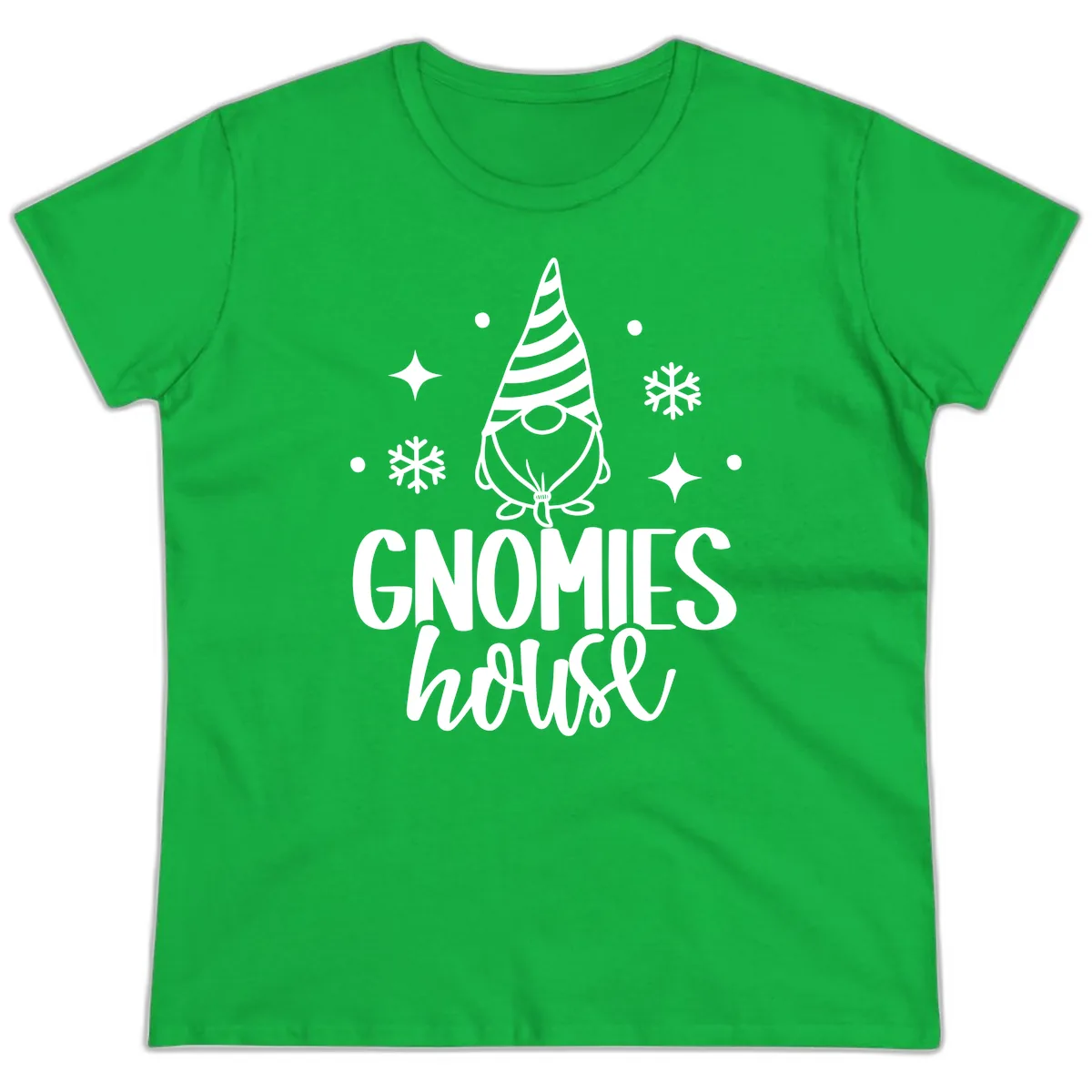 Gnomes House Holiday Design Ladies Tee in Irish Green
