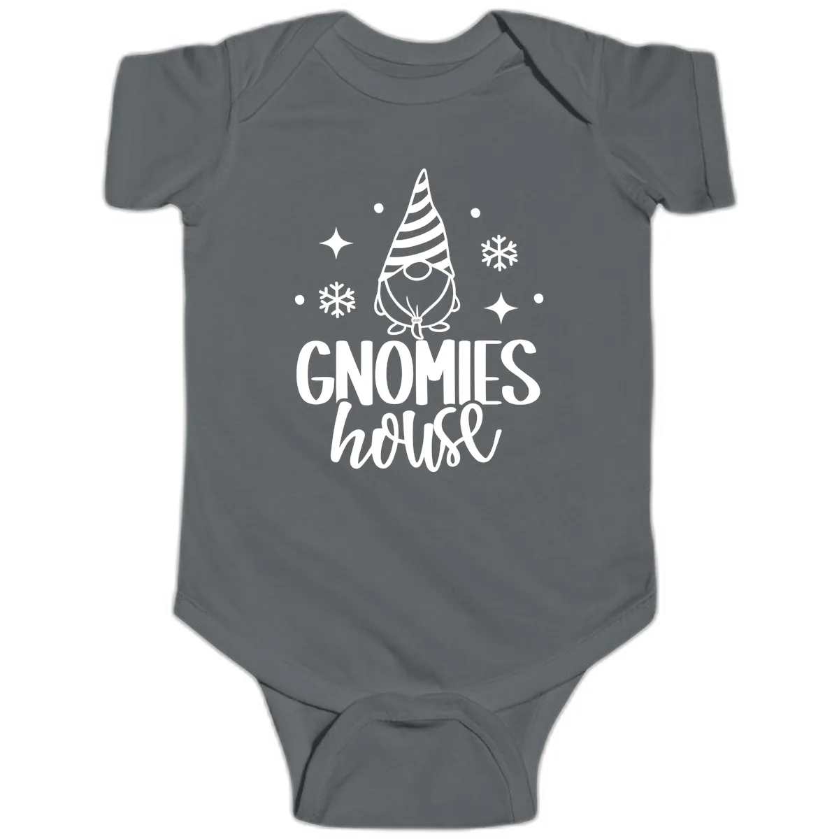 Gnomes House Holiday Design Baby Onesie in Charcoal