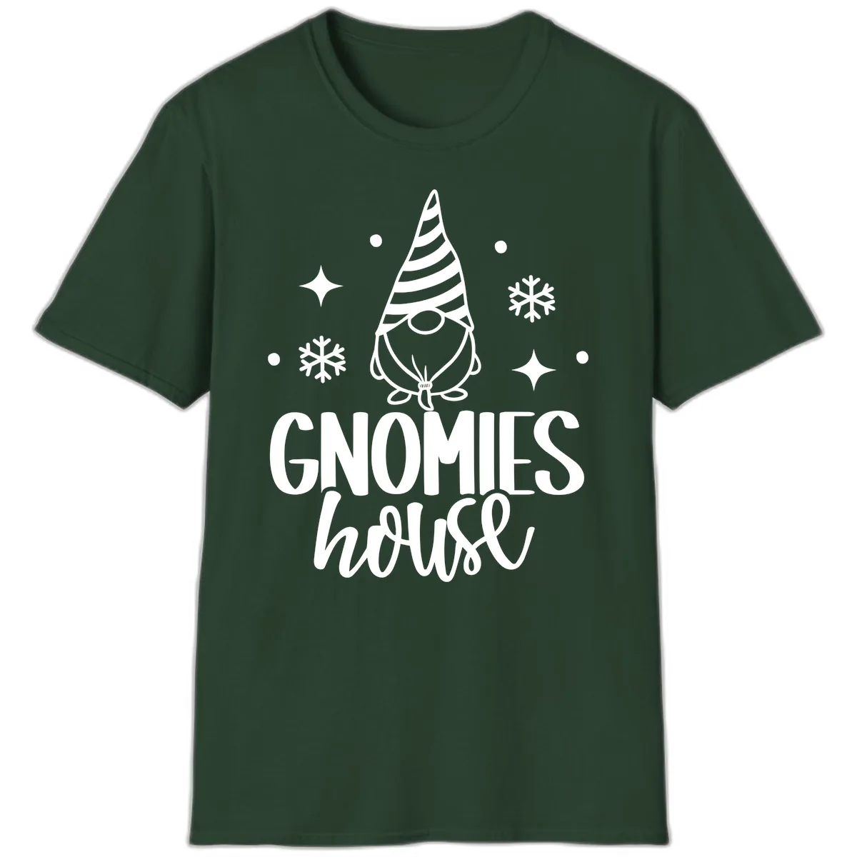 Gnomes House Holiday Design T-Shirt in Forest Green