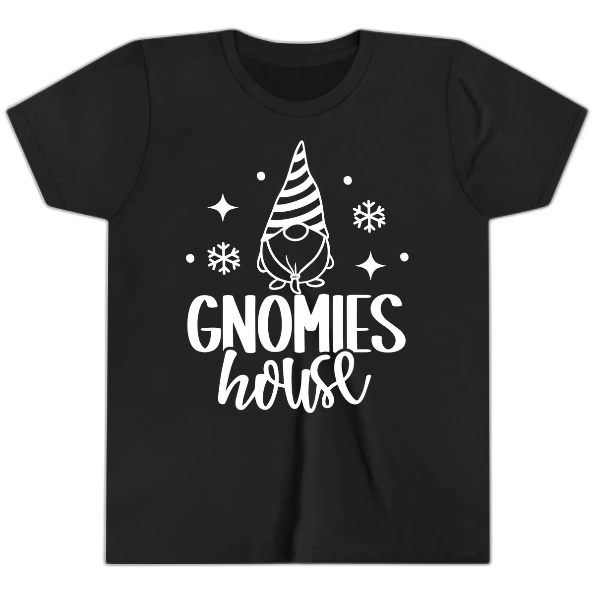 Gnomes House Holiday Design Youth T-Shirt in Black
