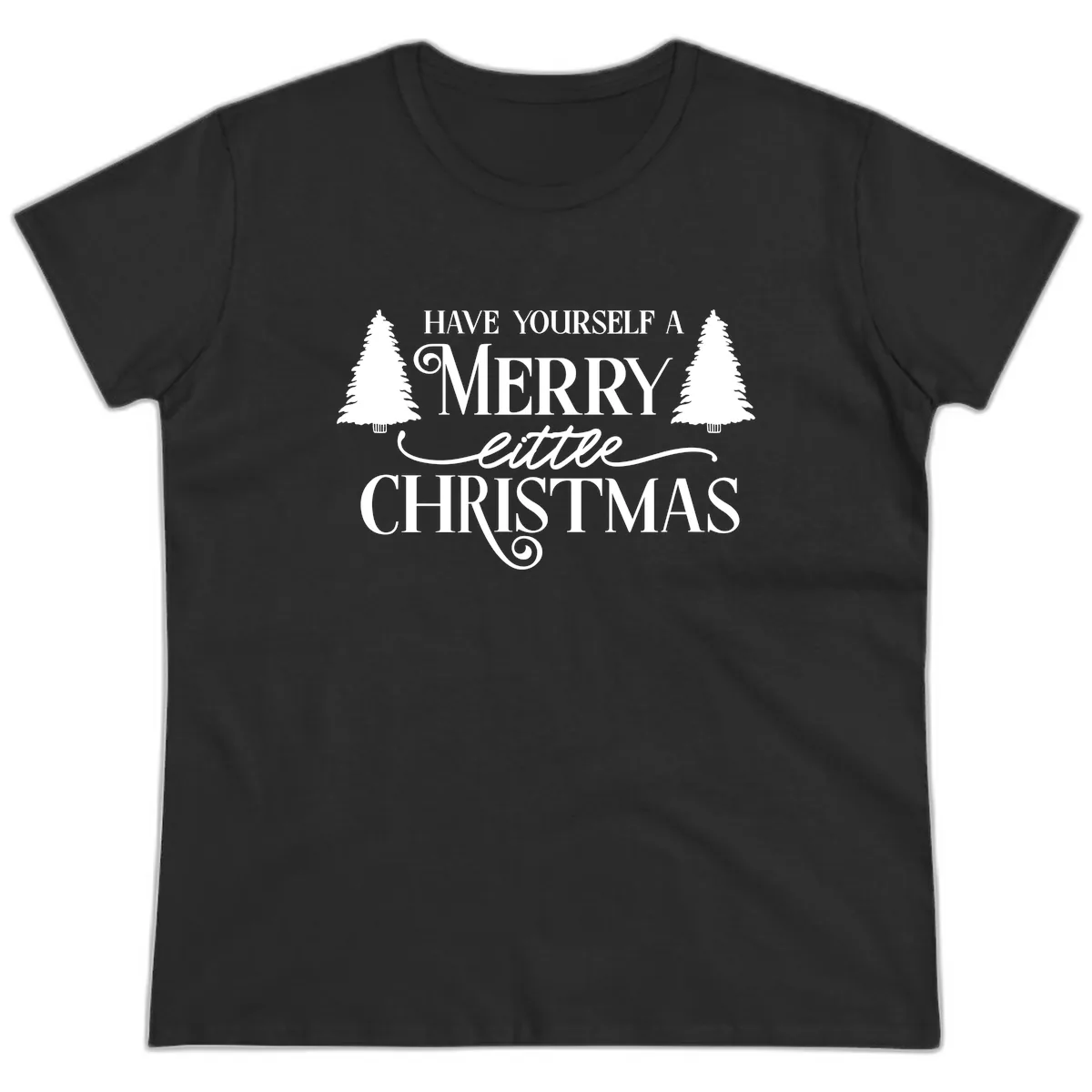 Merry Little Christmas Trees Design Ladies Tee in Black