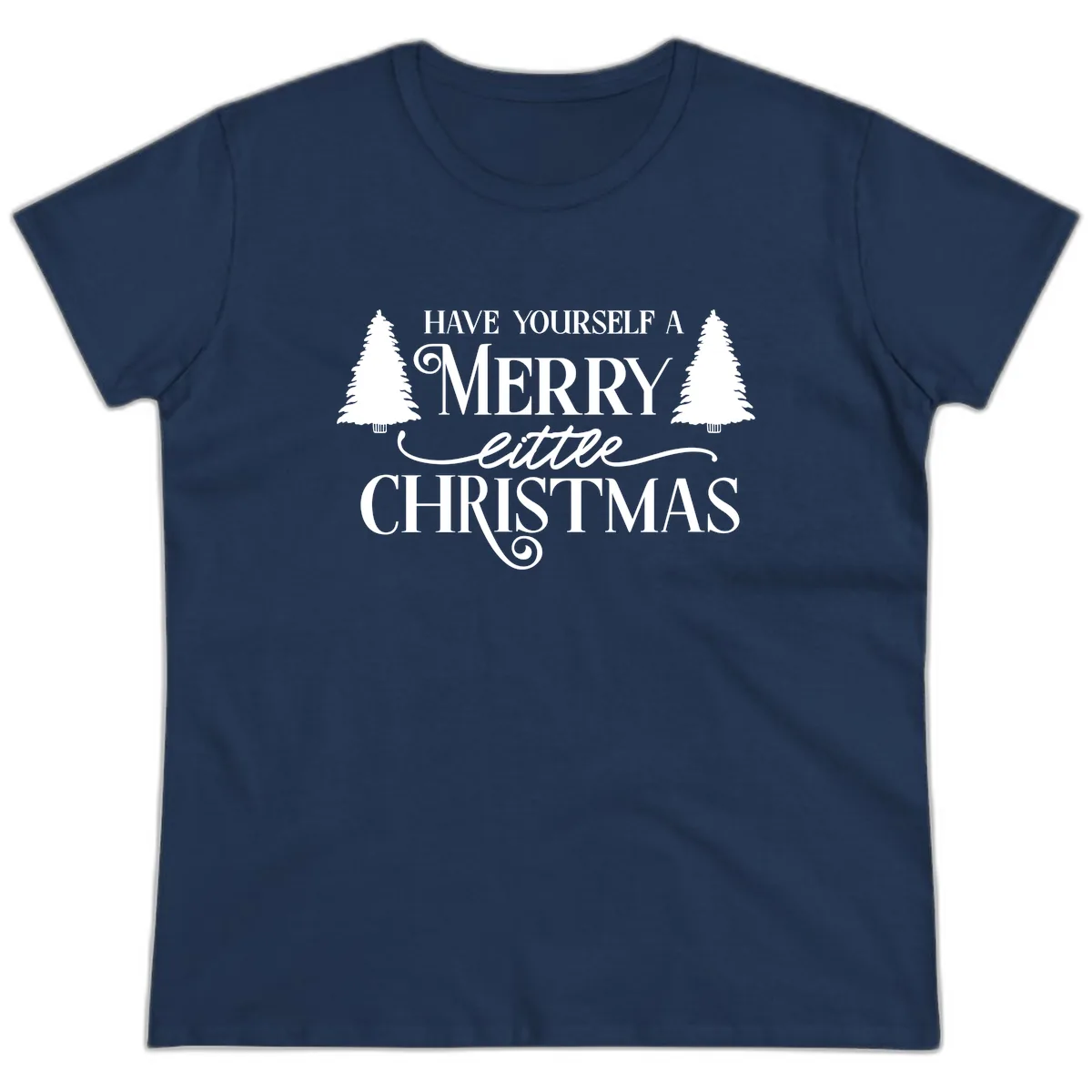 Merry Little Christmas Trees Design Ladies Tee in Navy