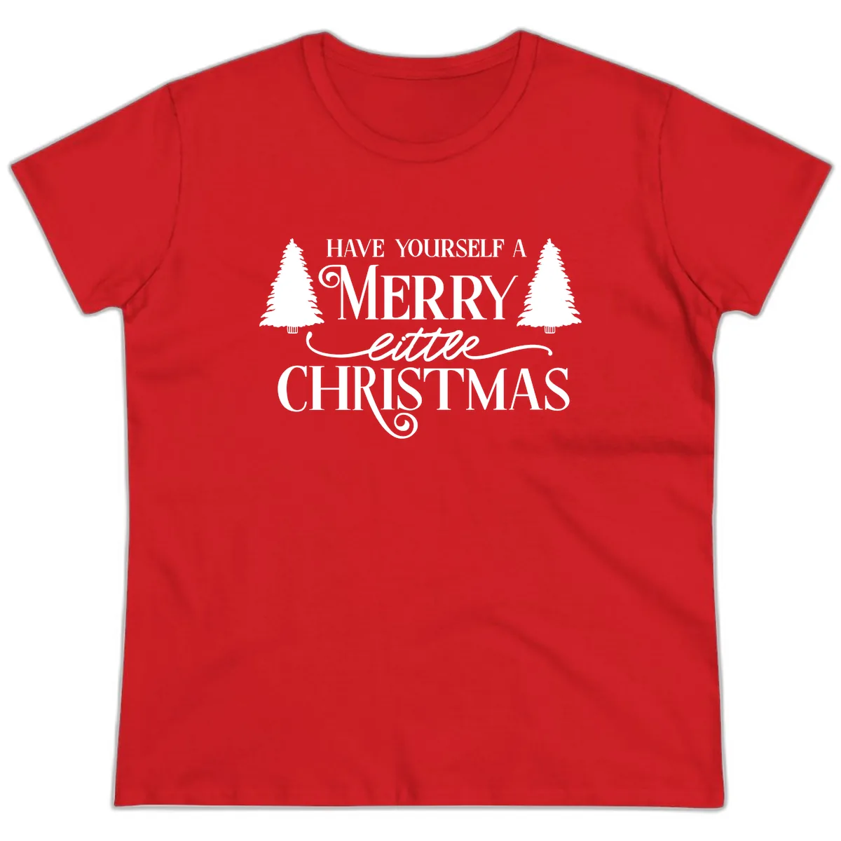 Merry Little Christmas Trees Design Ladies Tee in Red