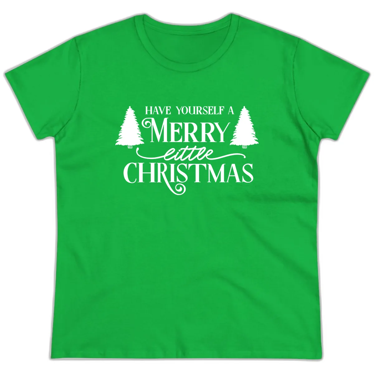 Merry Little Christmas Trees Design Ladies Tee in Irish Green