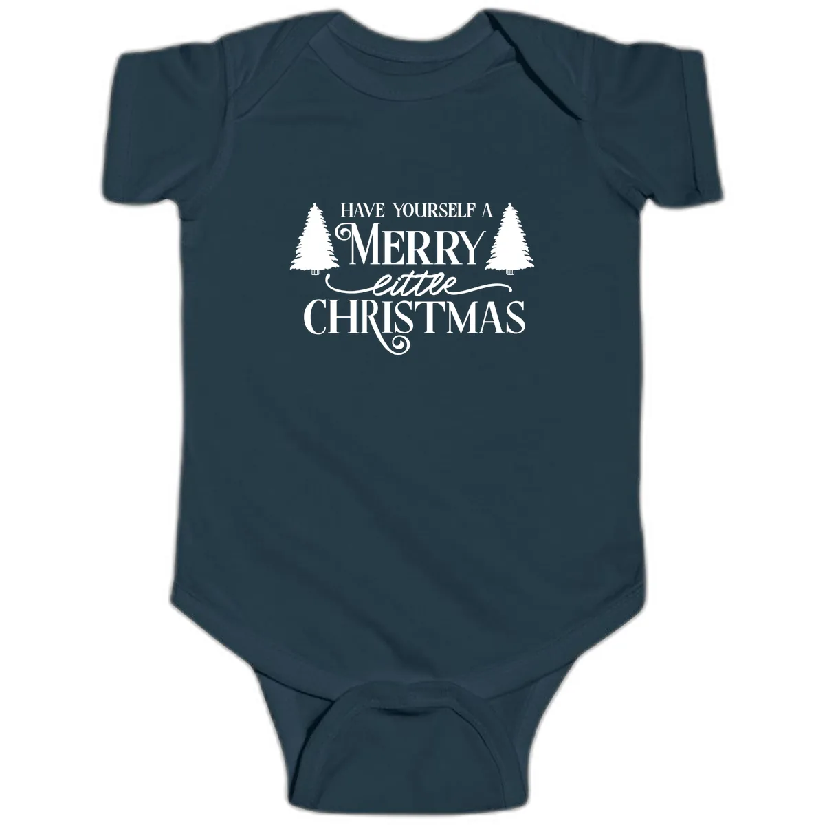 Merry Little Christmas Trees Design Baby Onesie in Navy