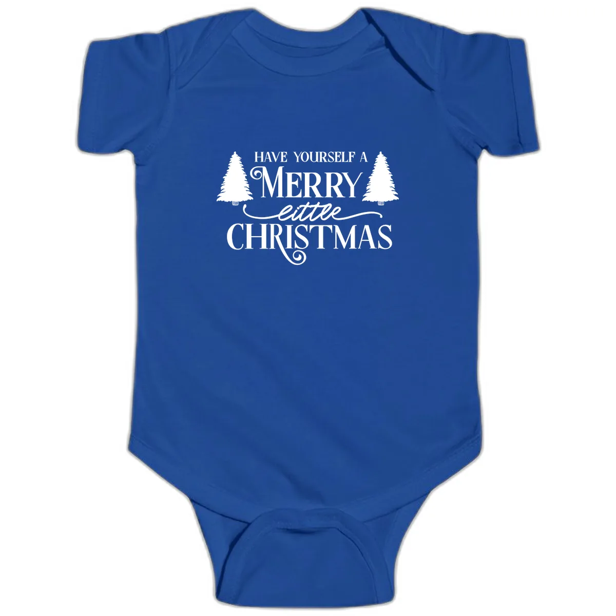 Merry Little Christmas Trees Design Baby Onesie in Royal