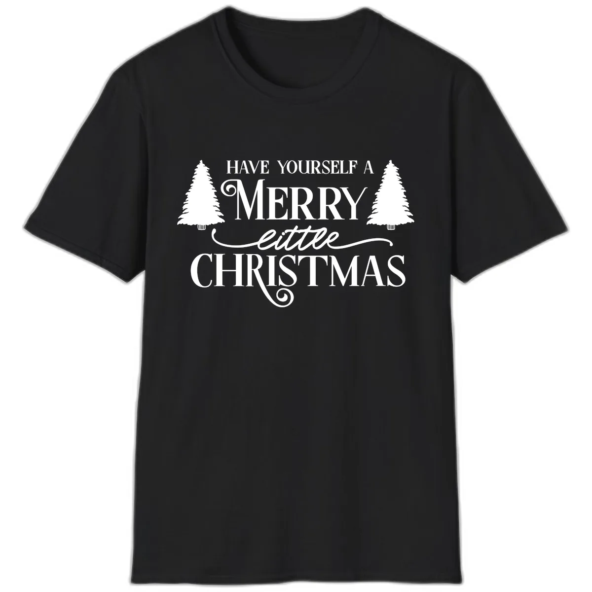 Merry Little Christmas Trees Design T-Shirt in Black