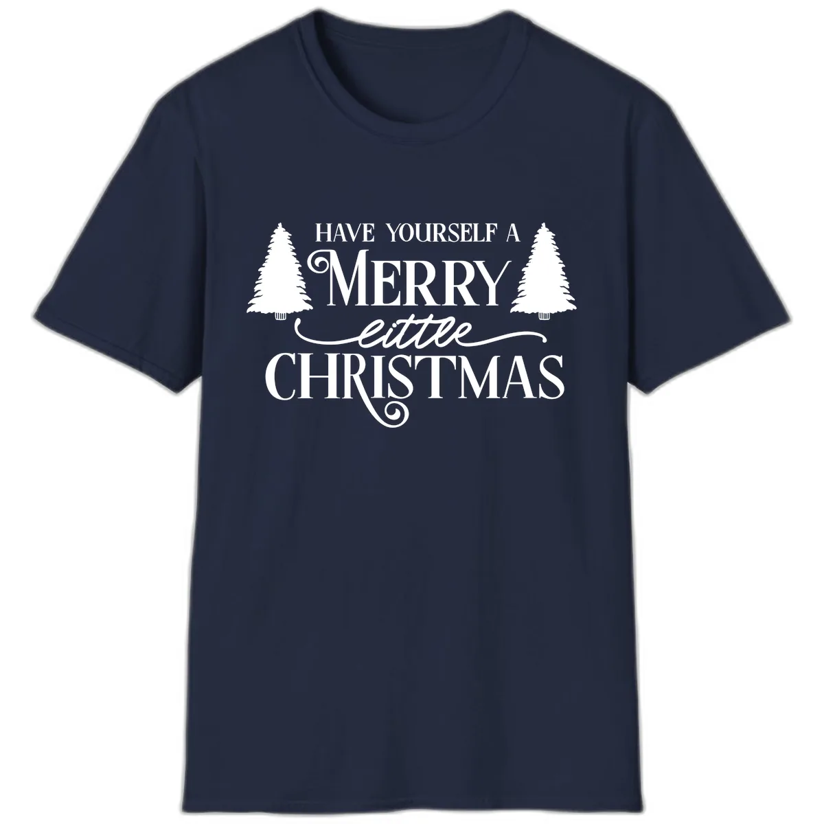 Merry Little Christmas Trees Design T-Shirt in Navy