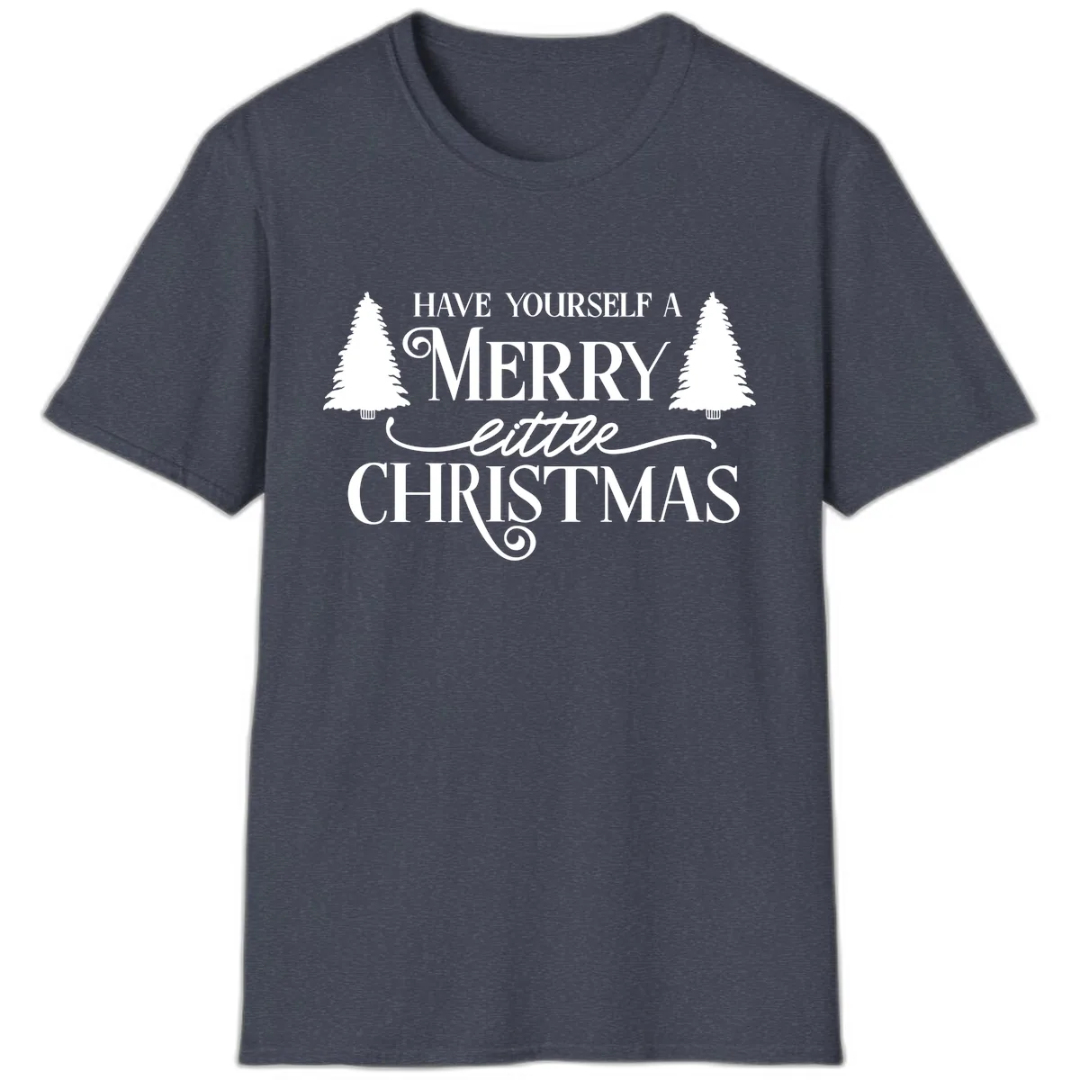 Merry Little Christmas Trees Design T-Shirt in Heather Navy