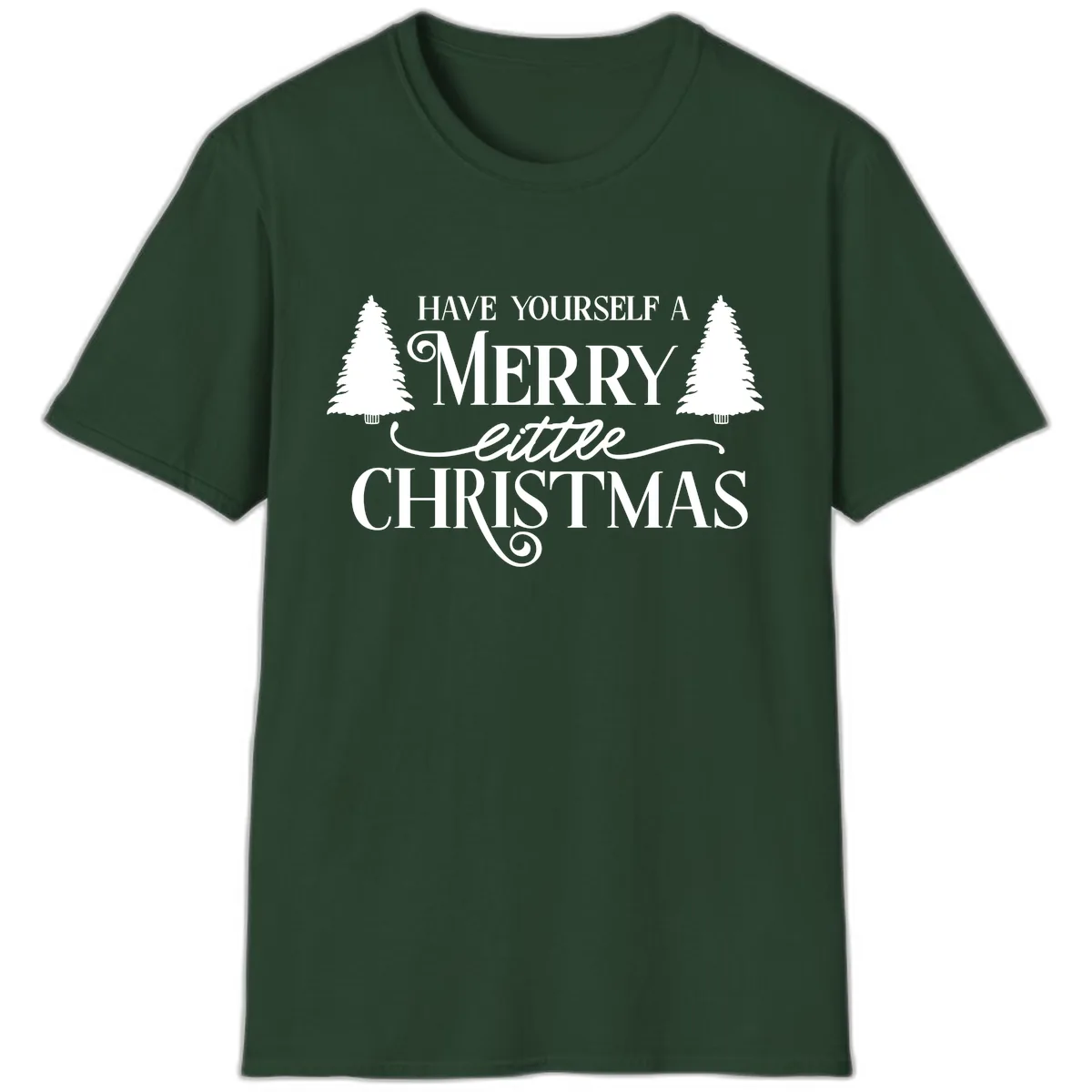 Merry Little Christmas Trees Design T-Shirt in Forest Green