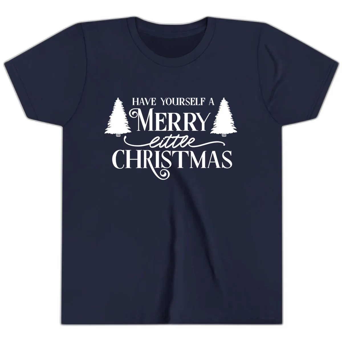 Merry Little Christmas Trees Design Youth T-Shirt in Navy