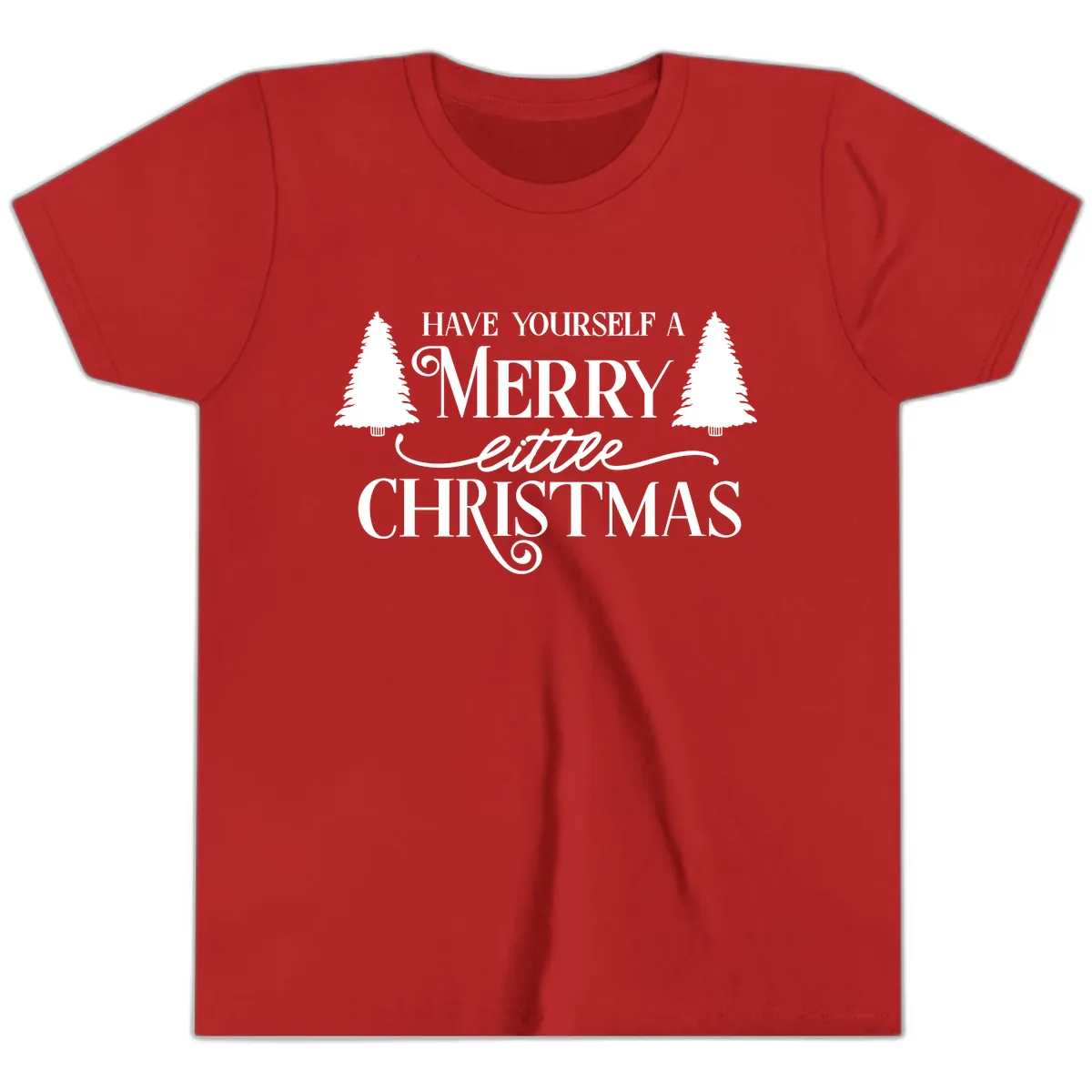 Merry Little Christmas Trees Design Youth T-Shirt in Red