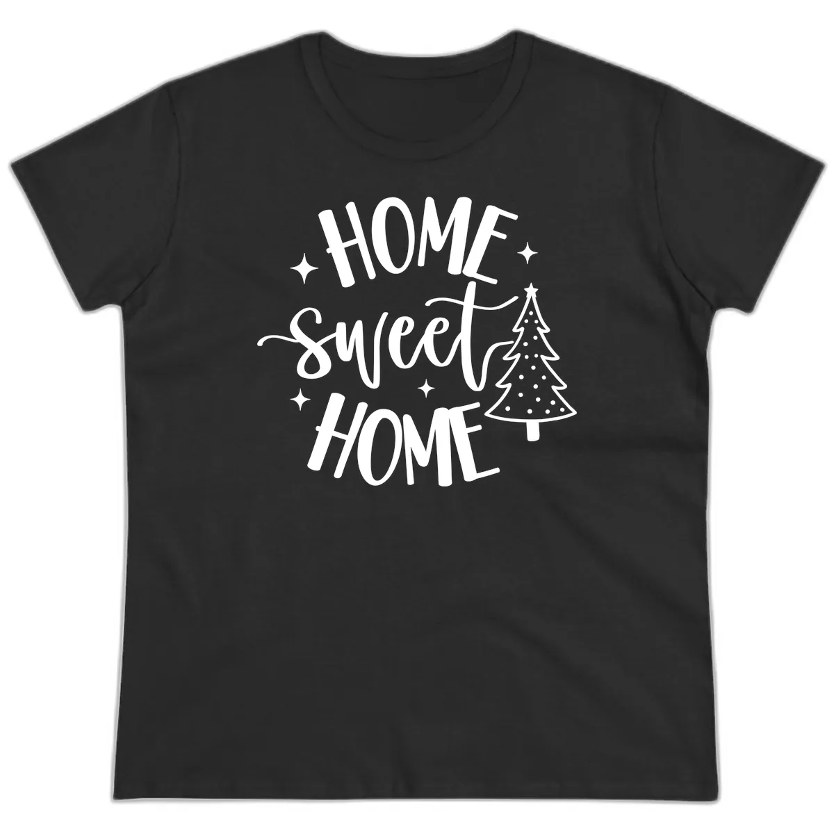 Home Sweet Home Holiday Tree Design Ladies Tee in Black