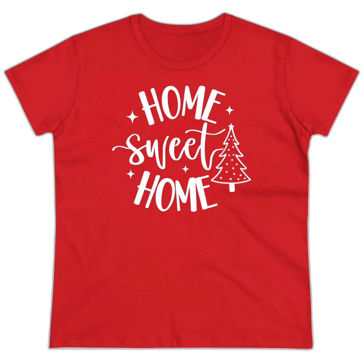 Home Sweet Home Holiday Tree Design Ladies Tee in Red