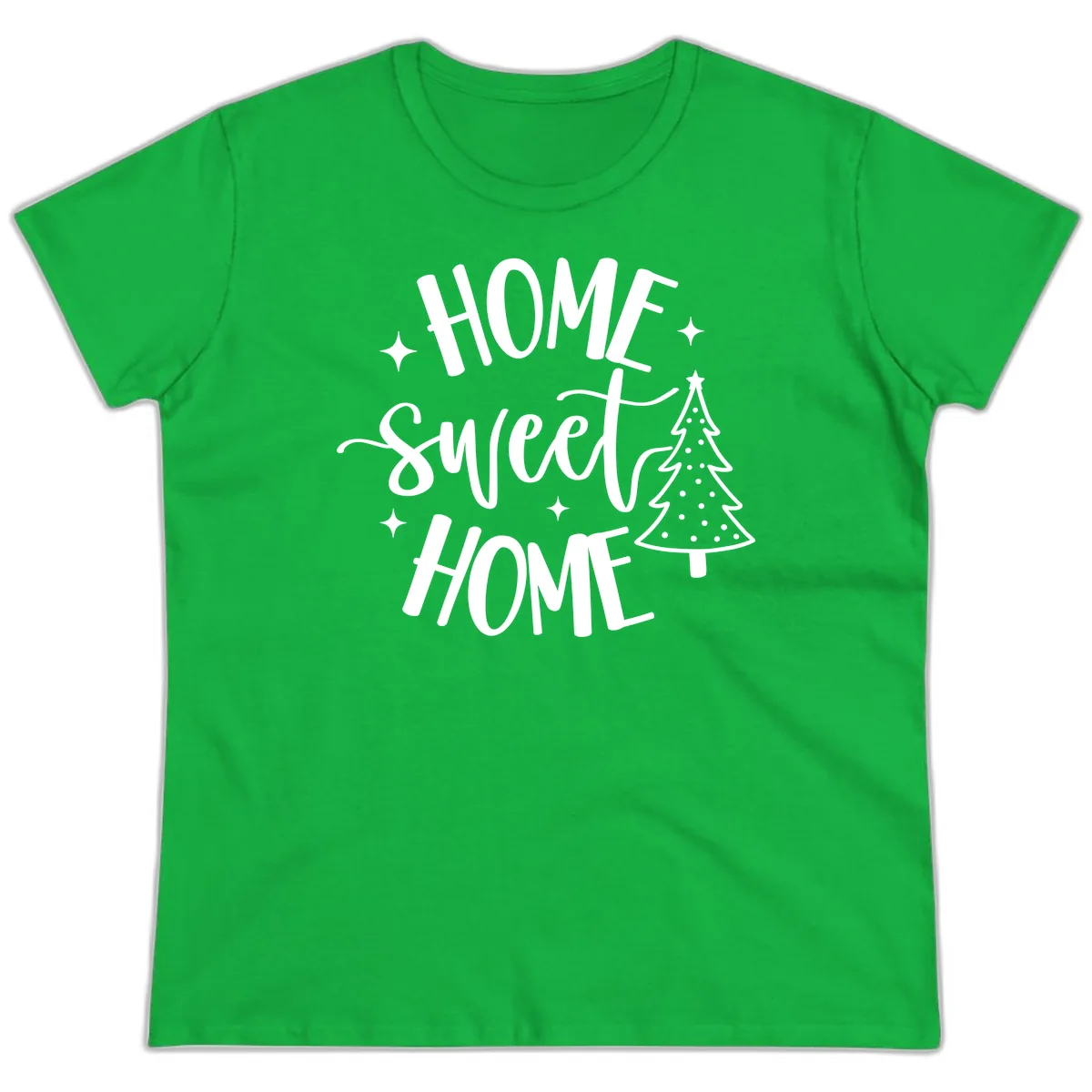 Home Sweet Home Holiday Tree Design Ladies Tee in Irish Green