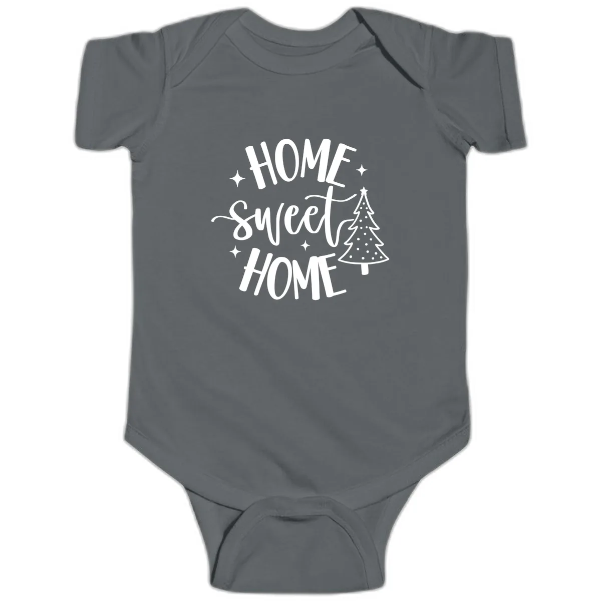 Home Sweet Home Holiday Tree Design Baby Onesie in Charcoal