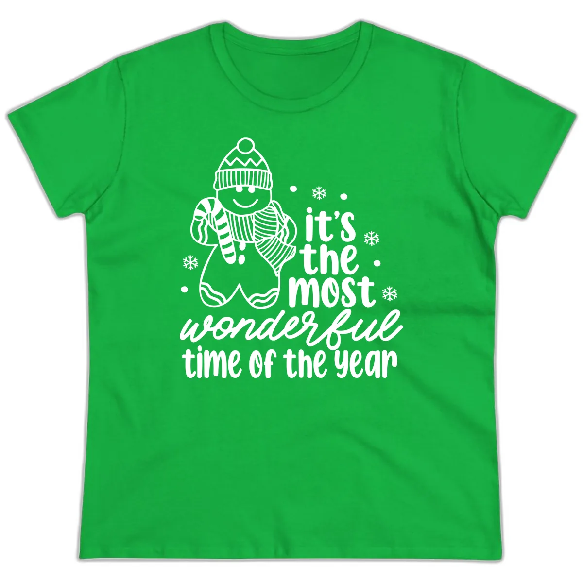 Gingerbread Man Christmas Time Saying Ladies Tee in Irish Green