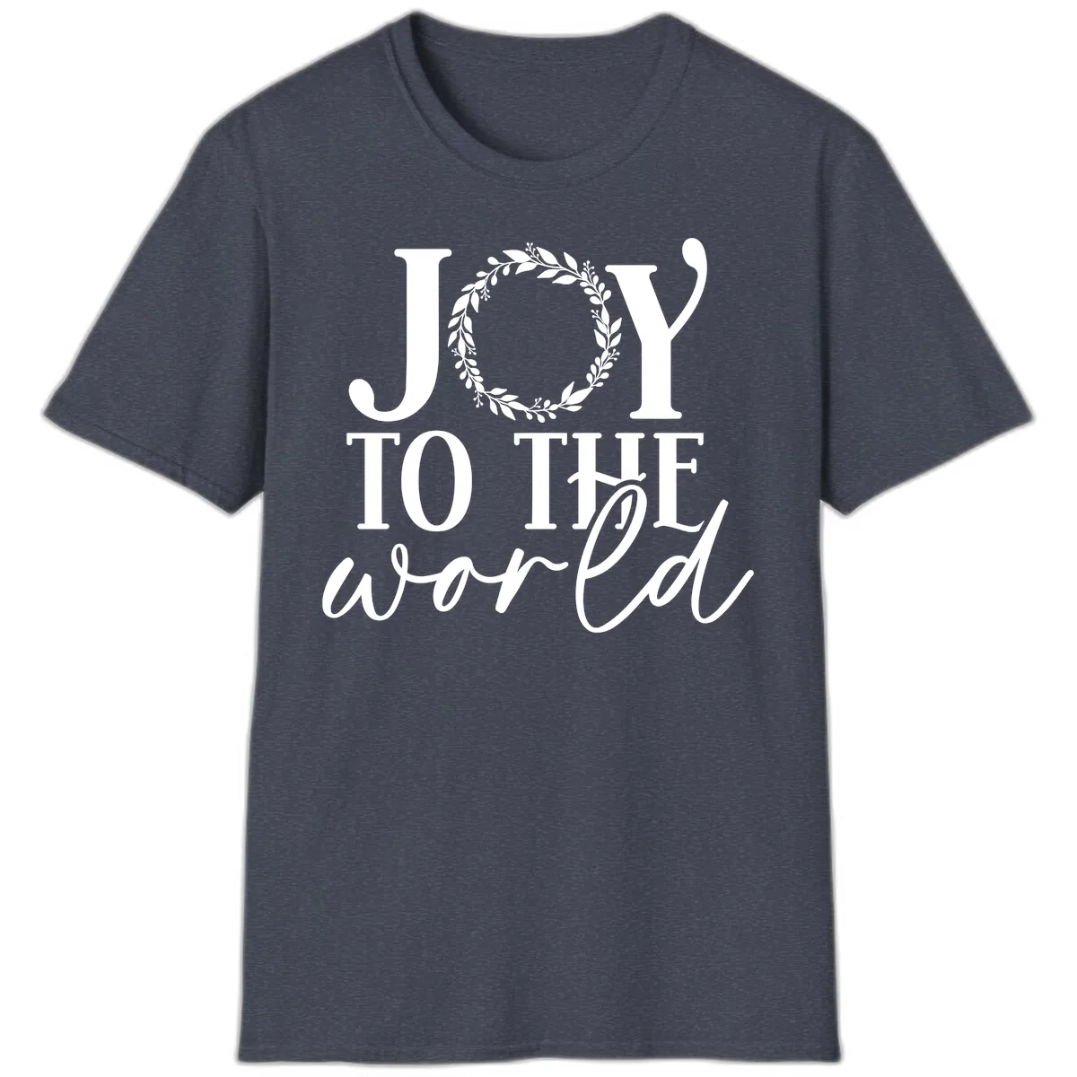 Joy To The World Holiday Text Design T-Shirt in Heather Navy