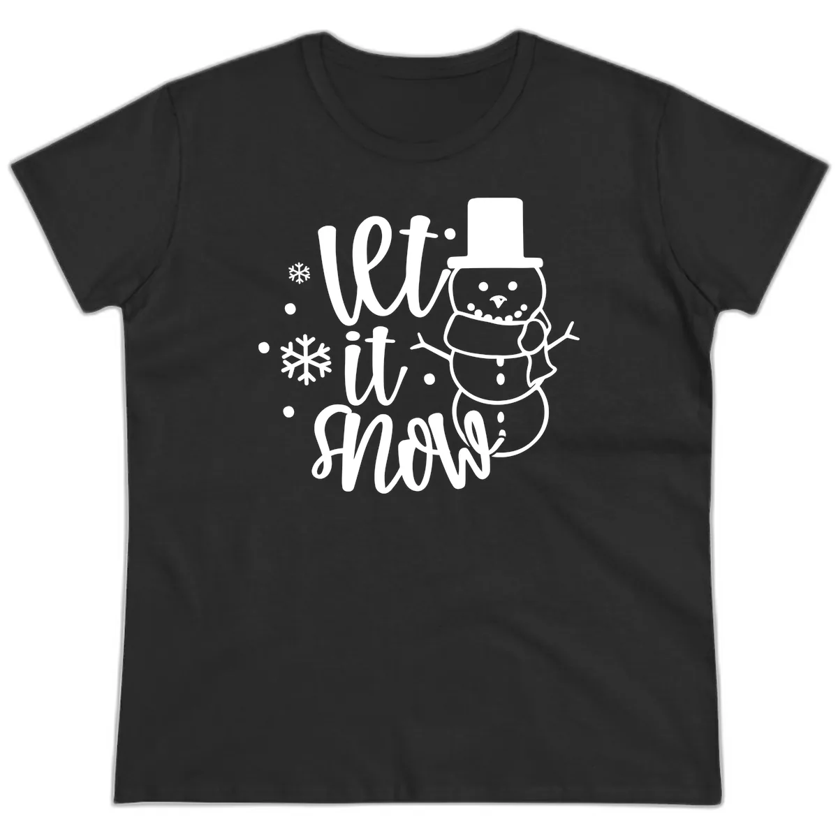 Let It Snow Snowman Holiday Design Ladies Tee in Black