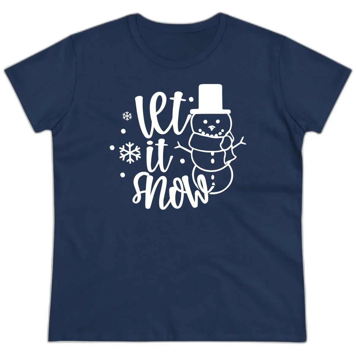 Let It Snow Snowman Holiday Design Ladies Tee in Navy