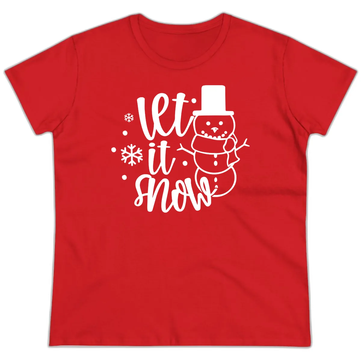 Let It Snow Snowman Holiday Design Ladies Tee in Red