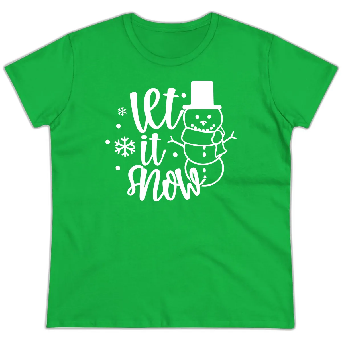 Let It Snow Snowman Holiday Design Ladies Tee in Irish Green