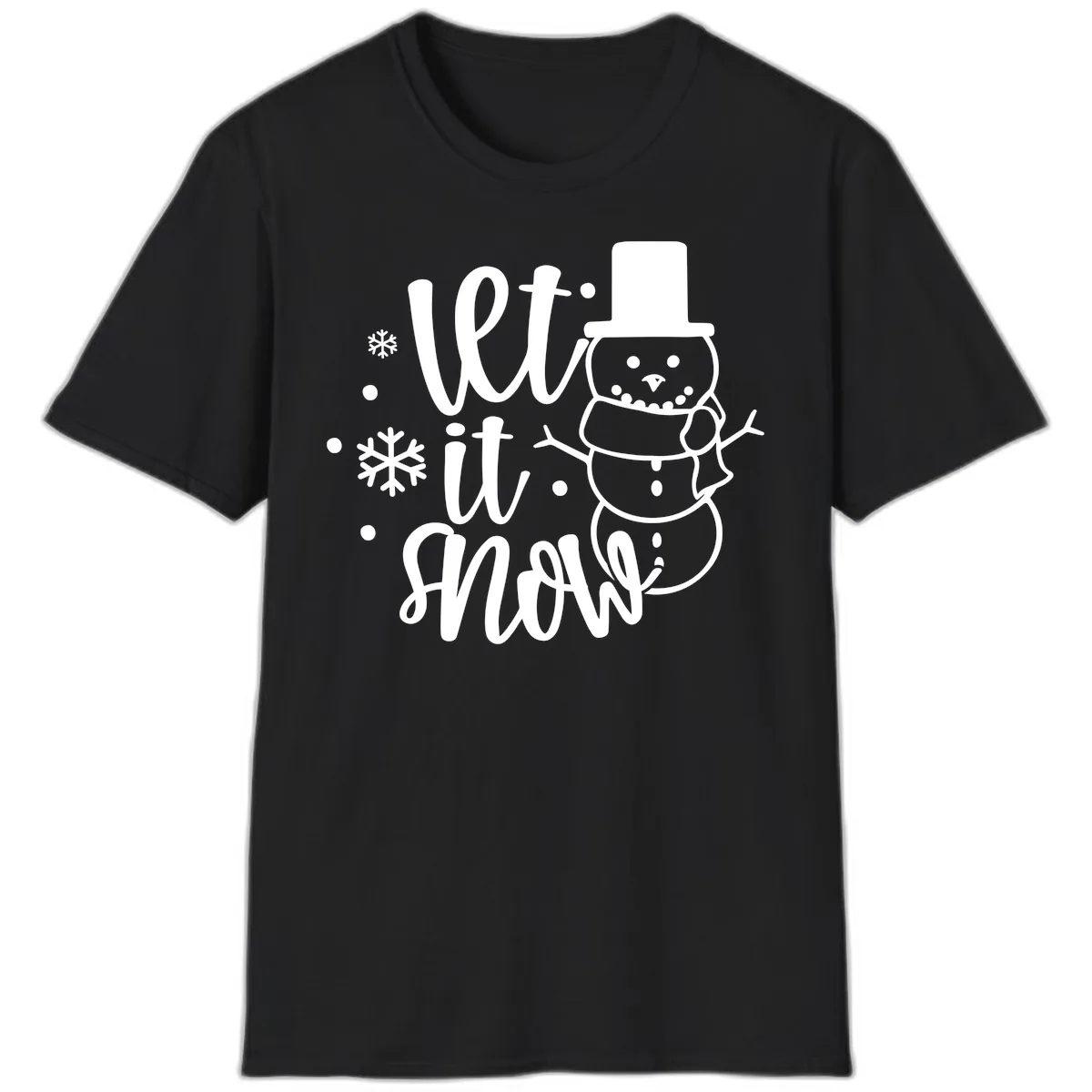 Let It Snow Snowman Holiday Design T-Shirt in Black