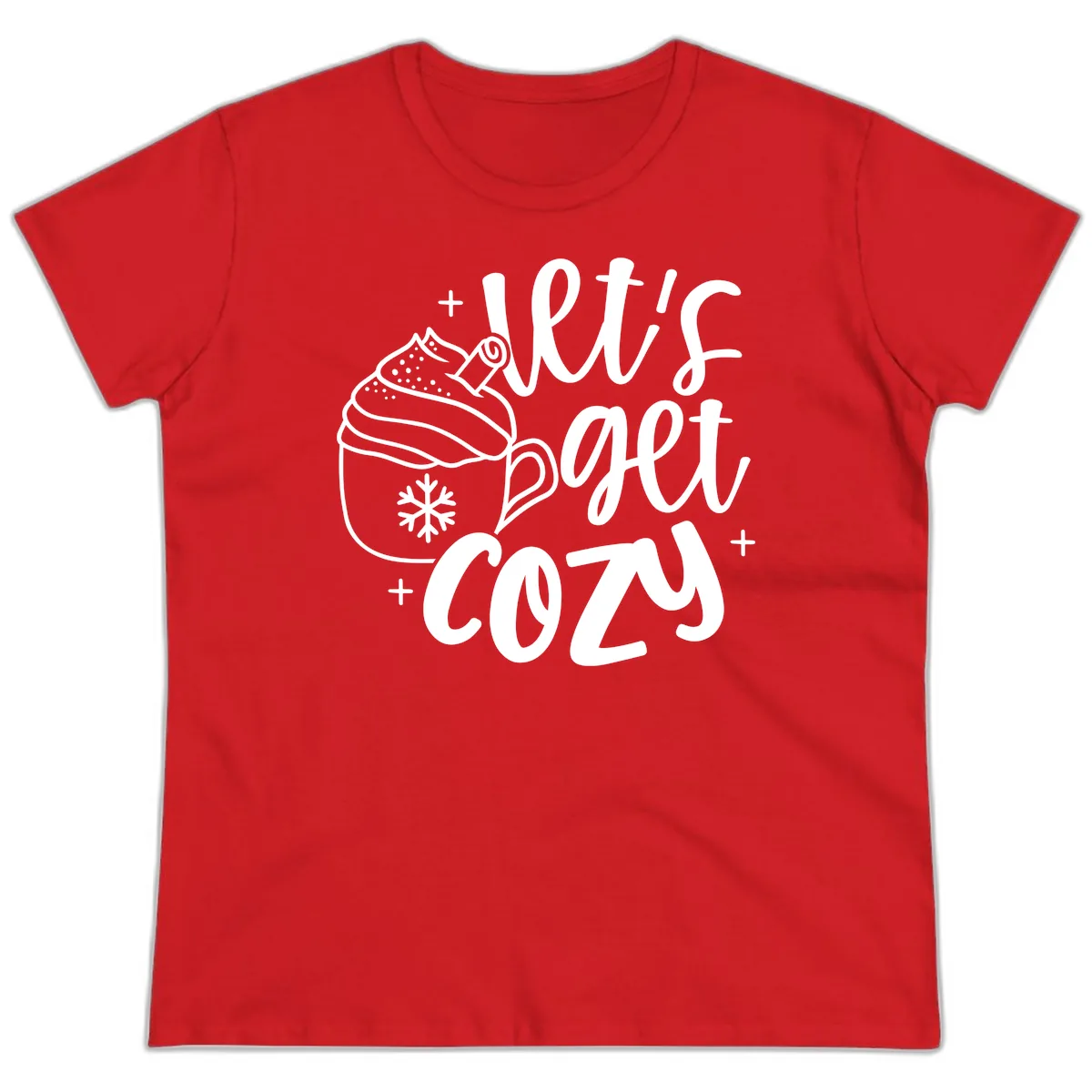 Let's Get Cozy Holiday Design Ladies Tee in Red